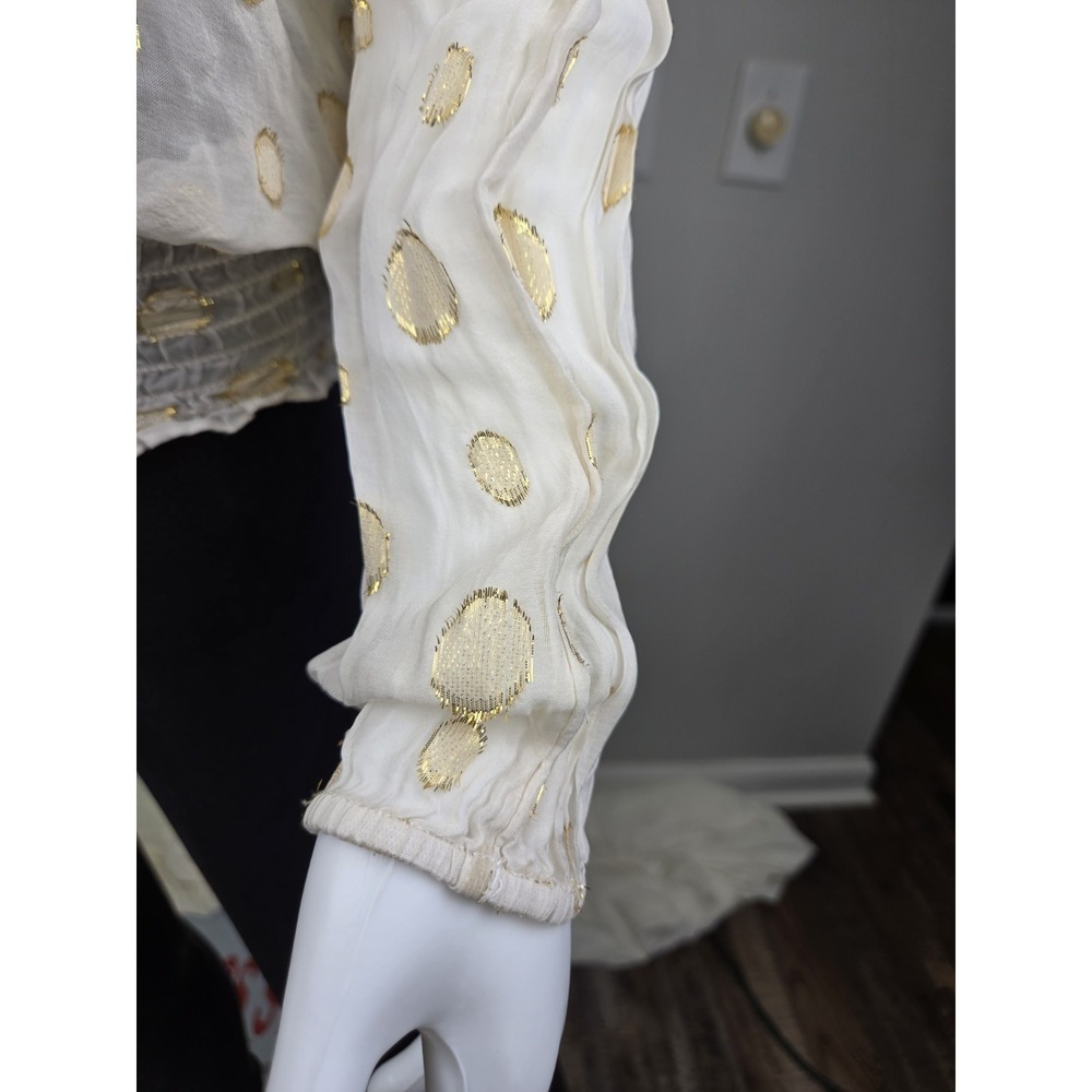 Michael Kors Cream Gold Dot Silk Blend Tie Neck Smock Blouse Top Sheer‎ small S - Picture 4 of 10